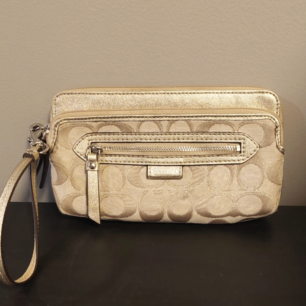 COACH Signature C Canvas and Metallic Leather 3 Pocket Large Wristlet